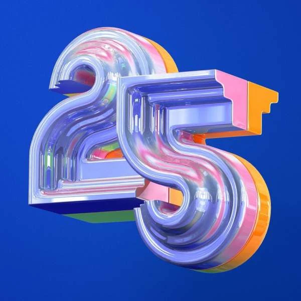 Artwork rendering featuring the number 25 in iridescent, rounded shapes with a pink and orange accent against a vibrant blue background.