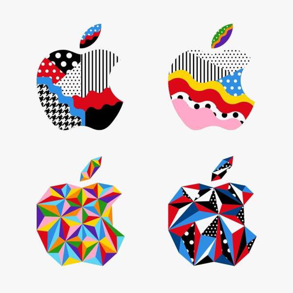 Four colorful patterned apple logos featuring geometric shapes, polka dots, stripes, and houndstooth by Muokkaa