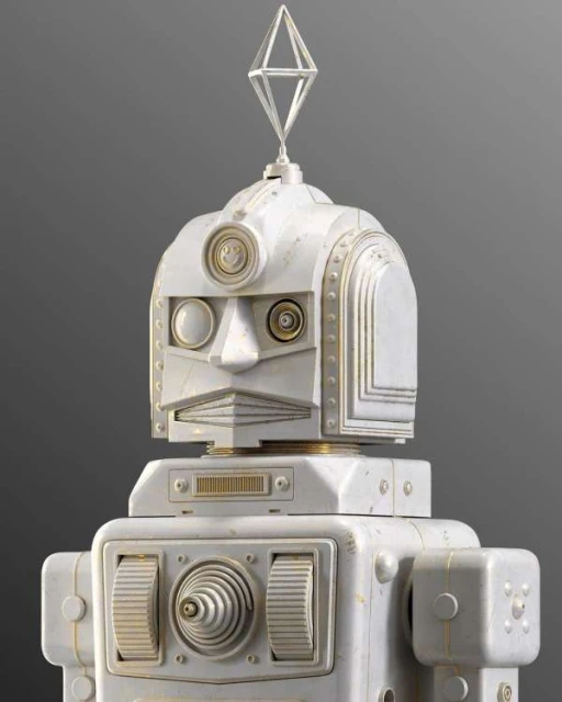 Close-up studio shot of a white retro robot toy with a boxy head, cylindrical body, rotating dials, and a geometric antenna.