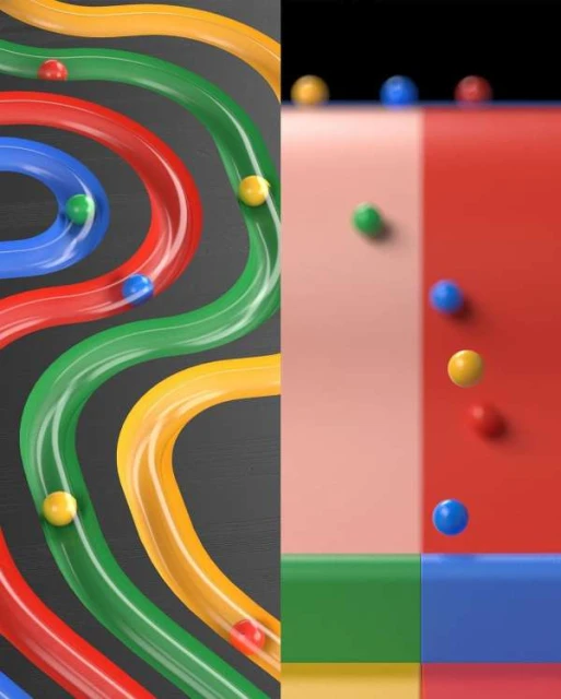 Abstract CGI rendering of colorful balls rolling through winding tubes and across bright solid platforms, creating a playful geometric scene.