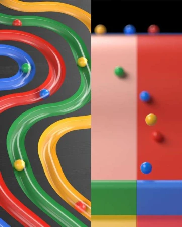 Abstract CGI rendering of colorful balls rolling through winding tubes and across bright solid platforms, creating a playful geometric scene.