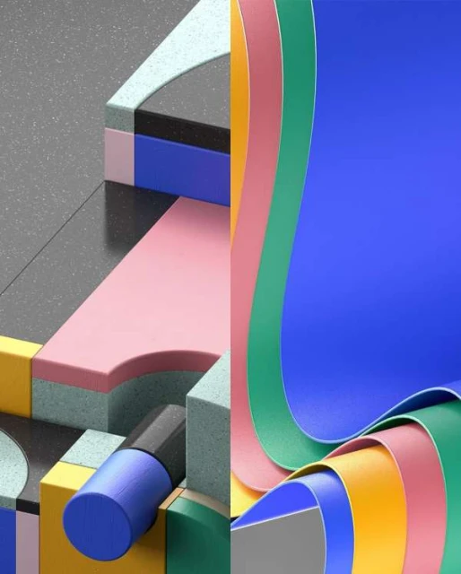 Abstract geometric composition featuring colorful shapes, layers, and textures, creating a modern and visually engaging design.