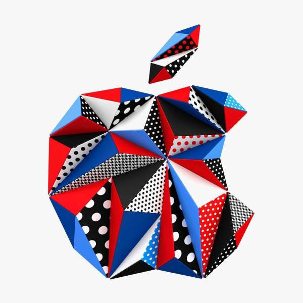 Geometric Apple logo design constructed from triangular paper cutouts in red, white, blue, black, and patterned designs against a white background.