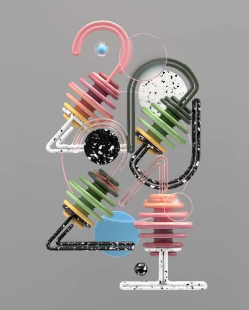 Abstract 3D render on a gray background features curved geometric shapes, pastel color palette, and a terrazzo-like speckled texture.