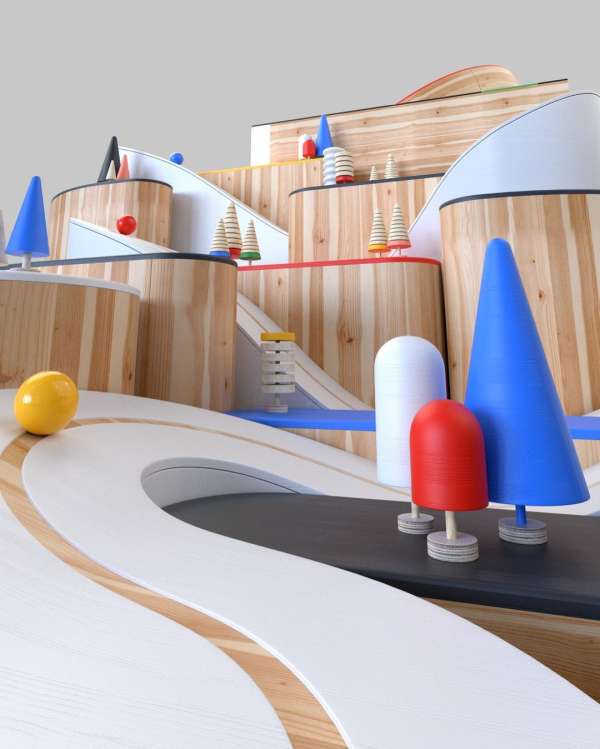 A playful, artful miniature landscape crafted from wood and vibrant geometric shapes creating a whimsical, visually engaging scene.