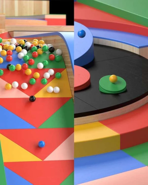 Geometric abstract with colorful wooden blocks and spheres on ramps and platforms in split-screen composition.