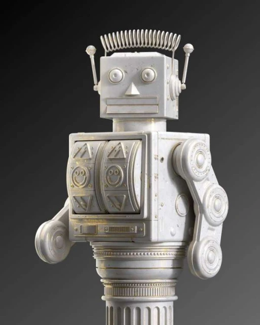Close-up studio shot of a white robot figure with a square head, column body, and spring antennae against a dark gray background.