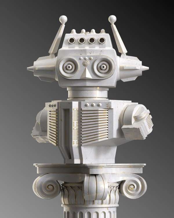 Stylized sculpture of a robot head and upper torso on top of a classical column with a grey background, studio lighting.