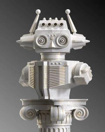 Stylized sculpture of a robot head and upper torso on top of a classical column with a grey background, studio lighting.