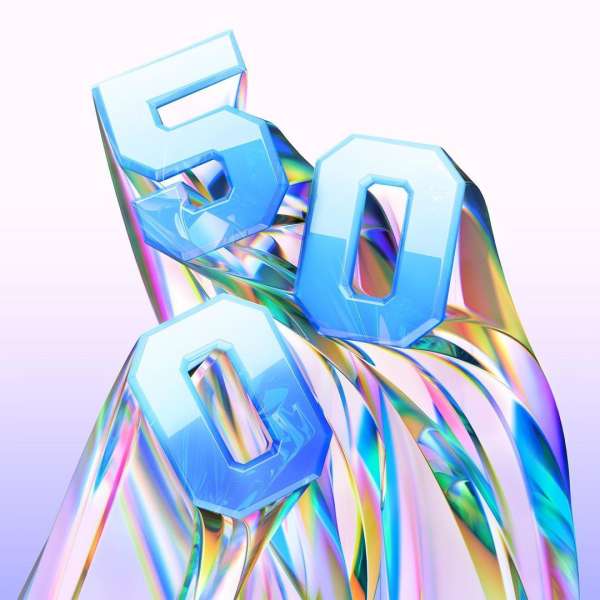 Abstract 3D rendering features stylized blue number 500 on an iridescent, flowing wave against a soft graduated white background.