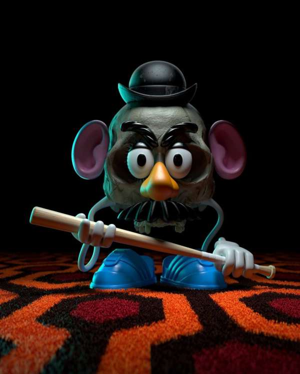 Creepy Mr. Potato Head figurine with skull-like features on a patterned carpet with black background, holding a wooden baton.