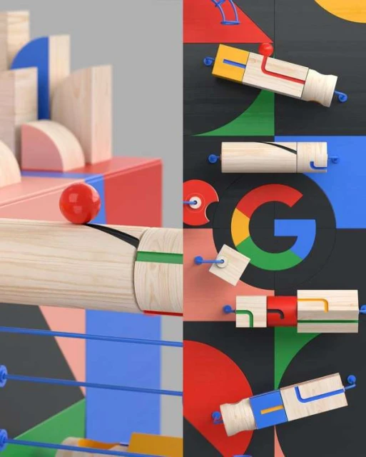 Abstract composition of wooden geometric shapes in blue, red, yellow, green and black, with a red sphere on a ramp. 
