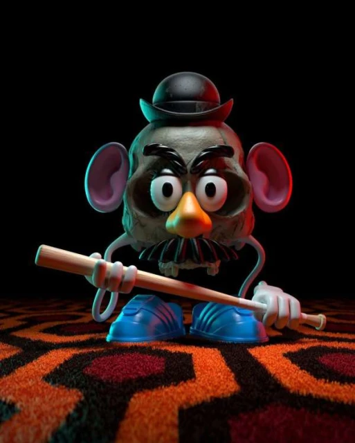 A stylized 3D rendering of a Mr. Potato Head toy figure, styled with skull-like features, a bowler hat, and set on an orange patterned carpet.