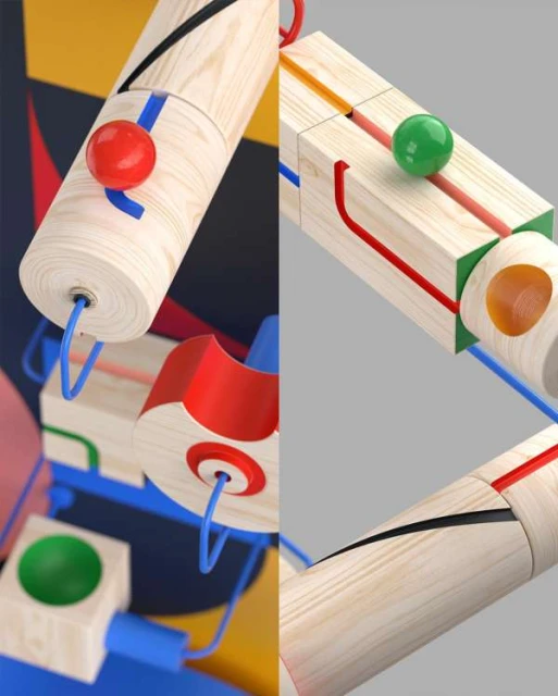 Abstract construction of interconnected wooden blocks with spheres in red, green, and amber connected by blue rubber tubing on split background.