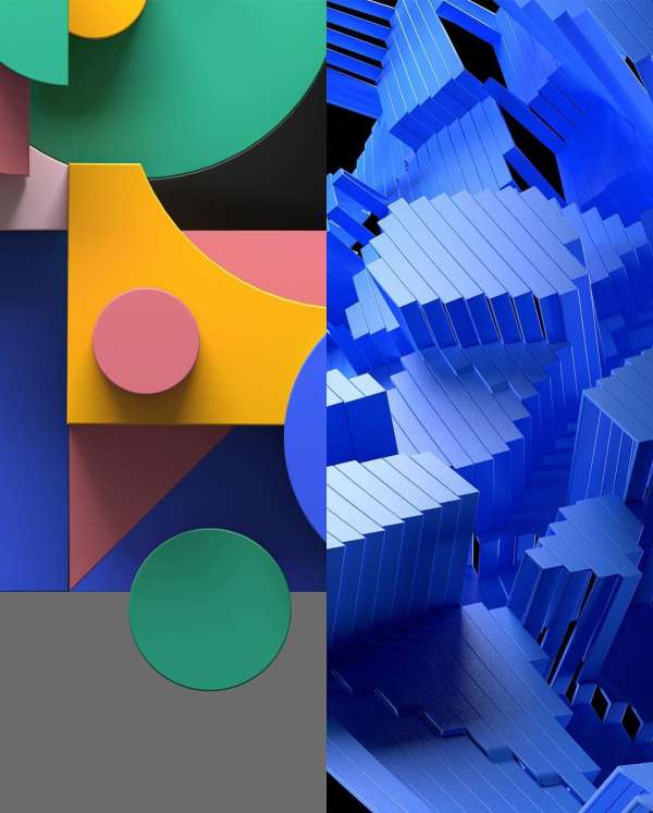 Abstract geometric design featuring colorful shapes on one side and blue 3D block pattern on the other, creating a modern artistic visual.