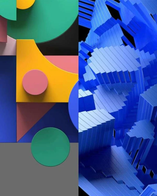 Abstract geometric design featuring colorful shapes on one side and blue 3D block pattern on the other, creating a modern artistic visual.