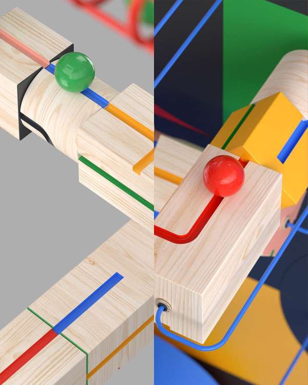 Abstract geometric design featuring wood blocks, colored spheres, and linear elements on a split gray and color block background.