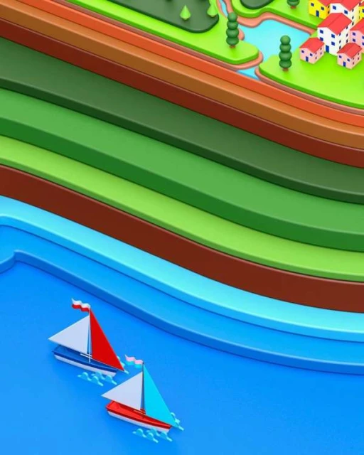 Illustration of two toy sailboats sailing on blue water with a tiered landscape of green hills and colorful houses in the background.