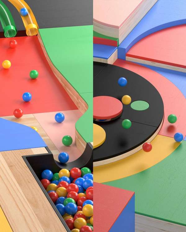Colorful marble run with vibrant red, blue, green, and yellow accents and a collection of marbles in a holding box.