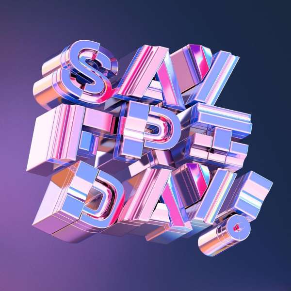 Iridescent 3D rendering featuring the text 'Say Free Day' in dimensional block letters against a gradient purple background.