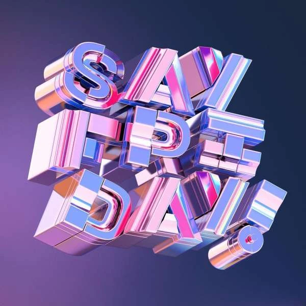 Iridescent 3D rendering featuring the text 'Say Free Day' in dimensional block letters against a gradient purple background.