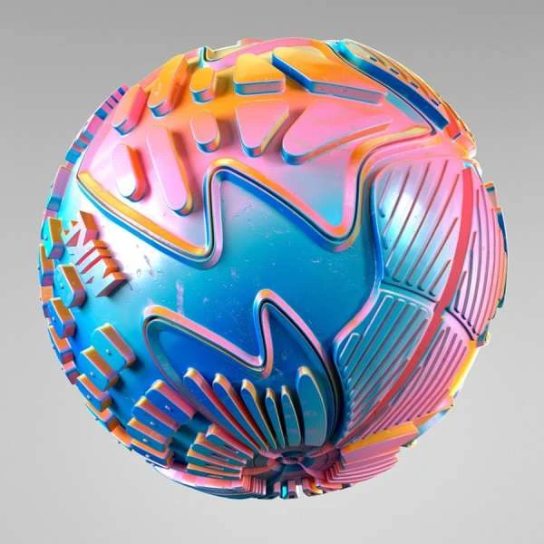 Abstract 3D sphere with geometric shapes and iridescent blue, pink, and orange gradient, isolated on a grey background.