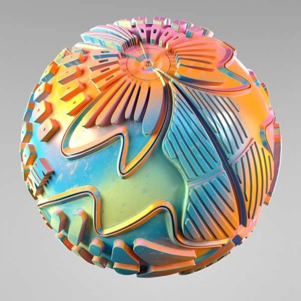 Abstract sphere with an iridescent surface and geometric patterned details on a seamless light gray backdrop in a studio setting.