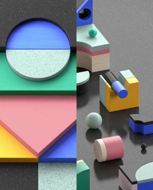Abstract composition featuring colorful geometric shapes including circles, squares, triangles, and spheres on a dark textured surface.