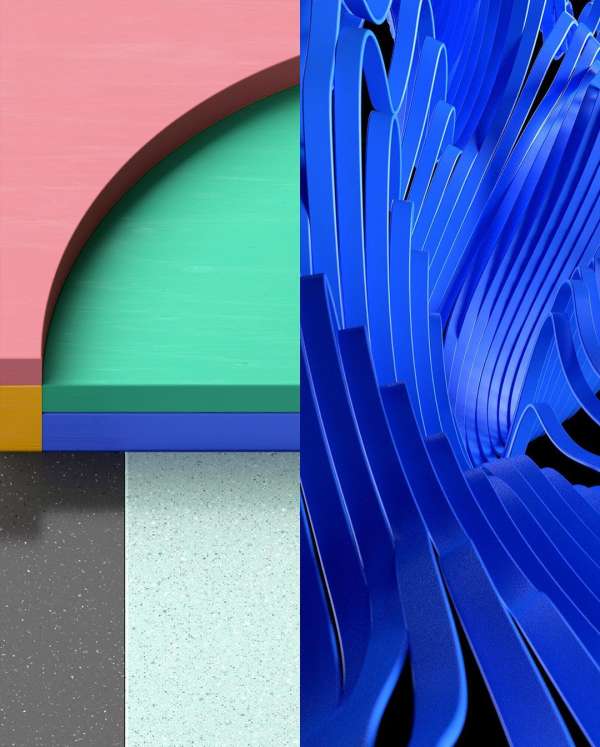 Abstract architectural rendering featuring geometric shapes, layered surfaces, and vibrant colors like pink, teal, blue, and yellow.