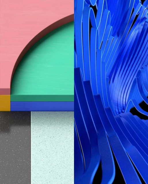 Abstract architectural rendering featuring geometric shapes, layered surfaces, and vibrant colors like pink, teal, blue, and yellow.