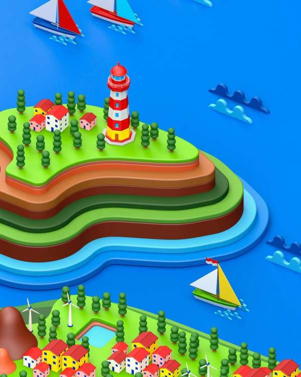 Colorful 3D render of a coastal village with a lighthouse, houses, trees, and sailboats against a bright blue background.
