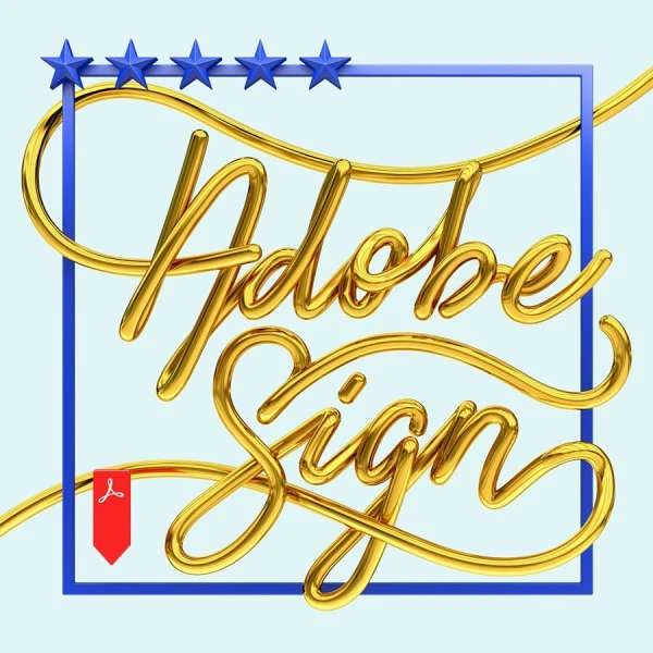 3D render of 'Adobe Sign' in a gold cursive font, set against a light blue background and framed with blue stars and a blue border.