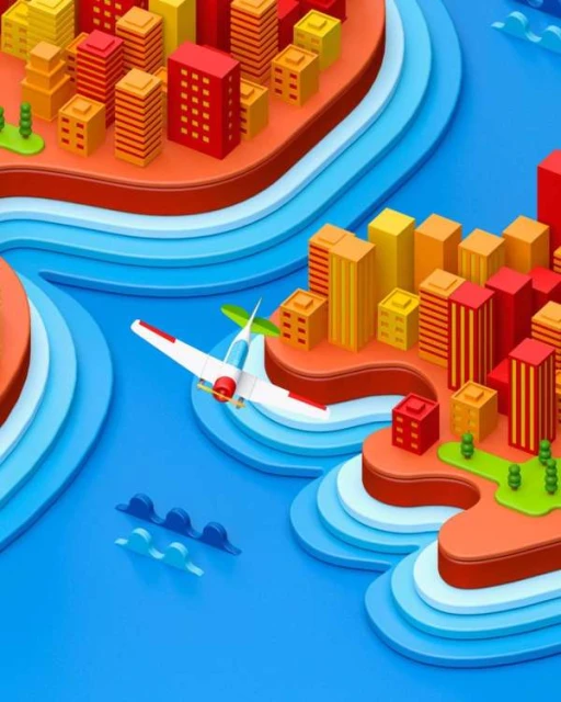 Aerial view of miniature city and airplane over river in colorful, layered landscape, resembling a whimsical paper art design.