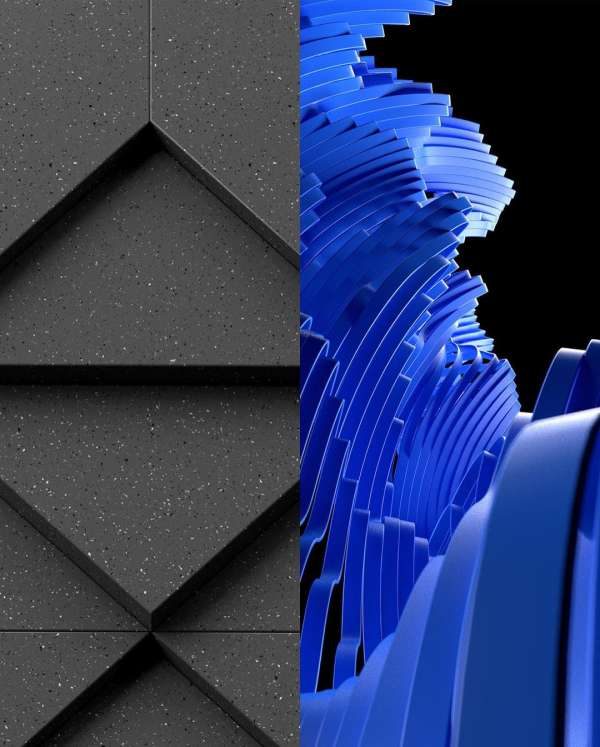 Abstract image featuring geometric grey panels and a blue swirl design against a dark background, creating a textured and modern composition.