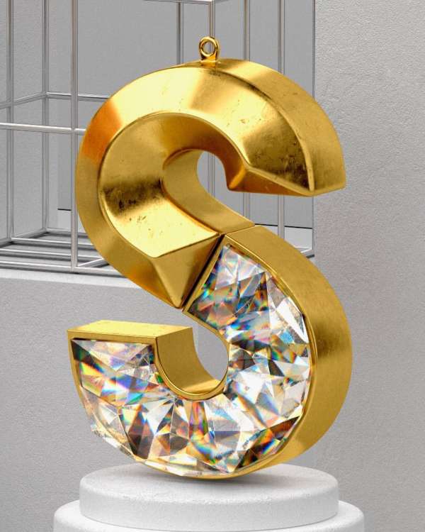A golden, S-shaped object hangs in front of a metal grid against a light background and sits atop a white, tiered platform.