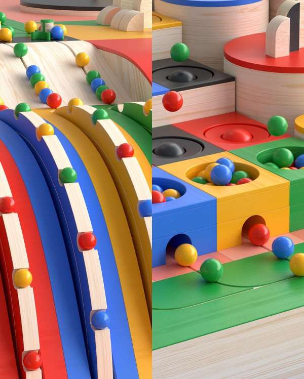 Close-up of a colorful, multi-level wooden toy with tracks and ramps for colorful balls to roll through, set indoors.