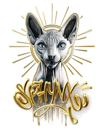 Illustration of a grey Sphynx cat with a decorative gold halo, rays, and lettering on a white background.