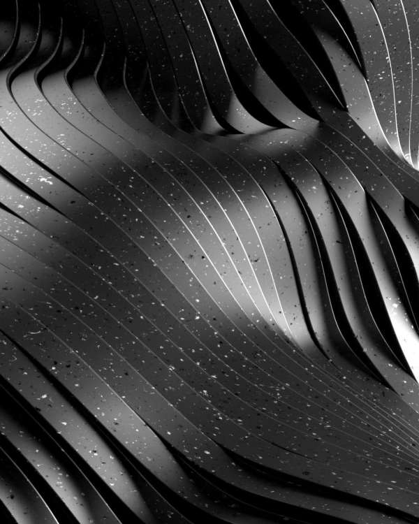Abstract black and white wavy pattern with layered striped textured surfaces and contrasting light and shadow interplay.