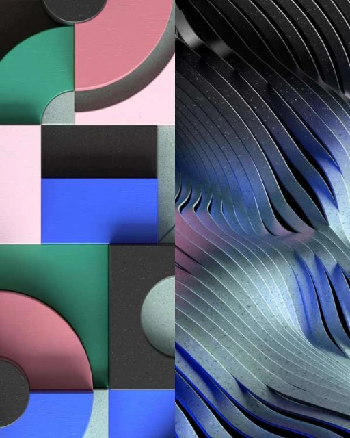 Abstract colorful design featuring geometric shapes, vibrant pastel hues, and textured surfaces, with a blend of smooth and patterned elements.