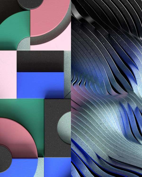 Geometric art: pink, blue, and teal blocks compose modern abstract shapes and patterns next to a dimensional ridged metal panel backdrop.