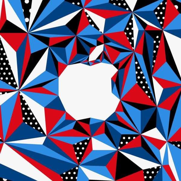 Abstract geometric background with blue, red, black, and white triangles and an apple-shaped opening in the center.