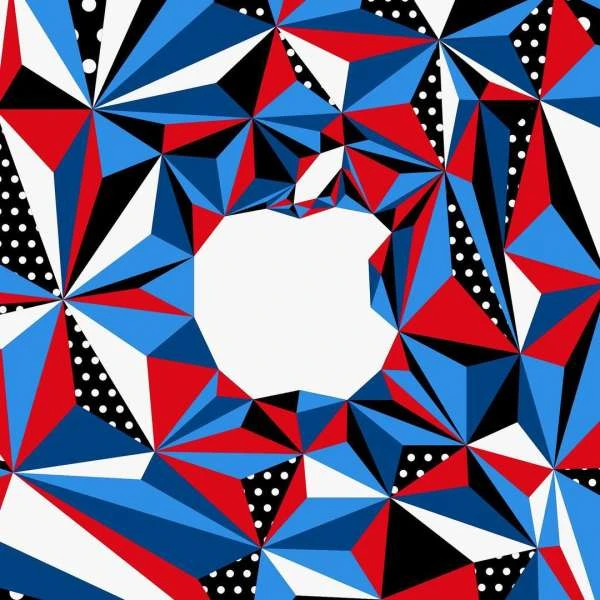 Abstract geometric background with blue, red, black, and white triangles and an apple-shaped opening in the center.