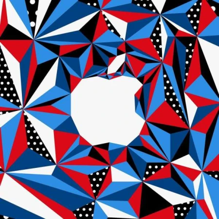 Abstract geometric background with blue, red, black, and white triangles and an apple-shaped opening in the center.