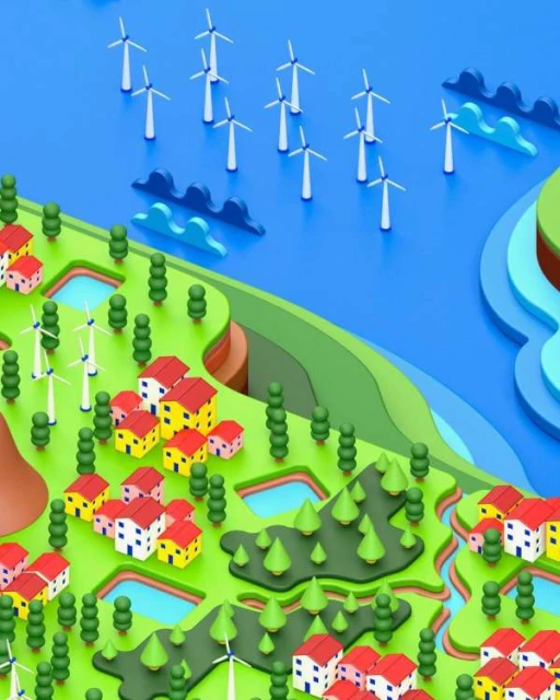 Aerial perspective of a green cartoon landscape with a small village with red-roofed houses, wind turbines, trees, and blue water.