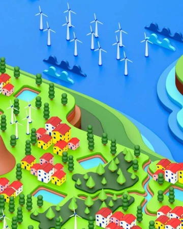 Aerial perspective of a green cartoon landscape with a small village with red-roofed houses, wind turbines, trees, and blue water.