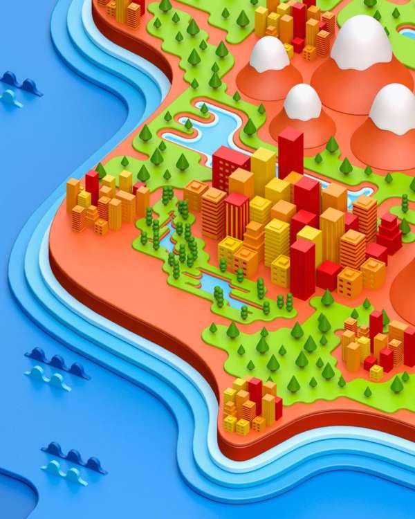 Aerial view illustration of a vibrant city with tall buildings, green parks, and blue waterways, with mountains and layered landscape.
