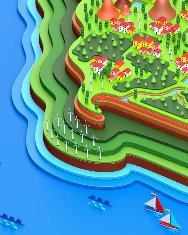 Aerial 3D render: Layered island with houses, wind turbines, trees, and boats on the blue water, showcasing sustainable living.