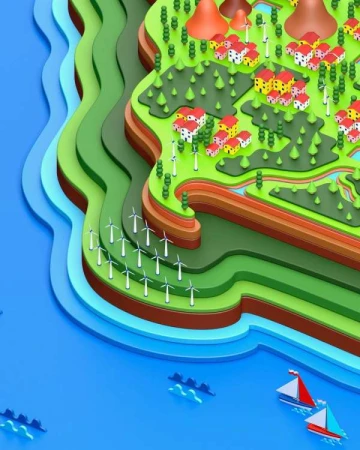 Aerial 3D render: Layered island with houses, wind turbines, trees, and boats on the blue water, showcasing sustainable living.