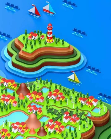 Cartoon landscape of an island with a lighthouse, houses, and trees, surrounded by water with sailboats and whimsical cloud formations.