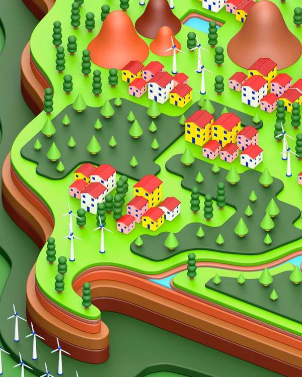 Aerial-view 3D landscape rendering features green hills, colorful houses, wind turbines, and layered earth sections in a vibrant cartoon style.